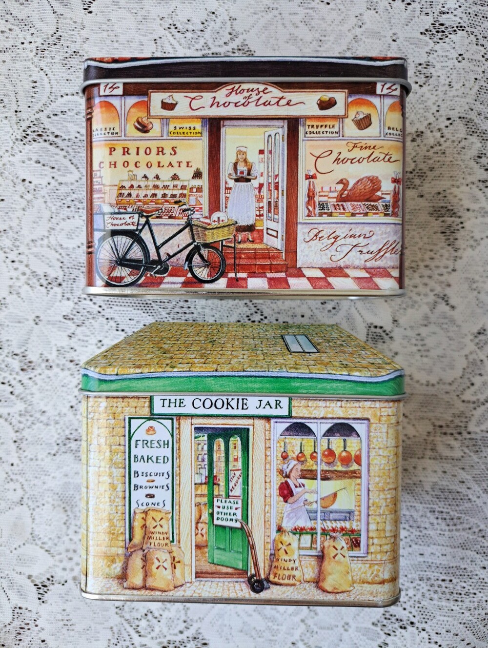 2 Adorable Retro Collectible Tea Tins Bakery & Chocolate Shop Farmhouse Decor